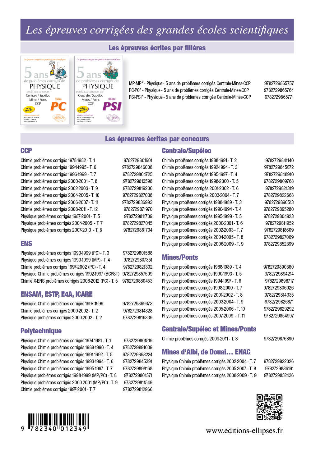 4 ANS DE PROBLEMES CORRIGES DE PHYSIQUE-CHIMIE POSES AUX CONCOURS BANQUE PT DE 2015 A 2012 - FILIERE - Christelle Luino - ELLIPSES