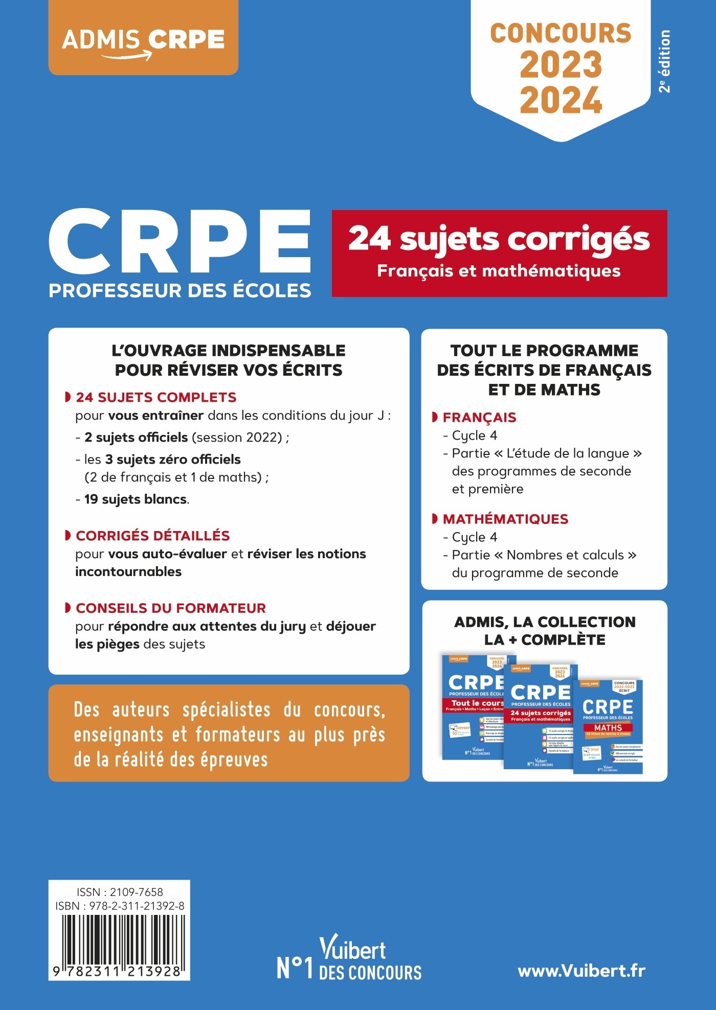 CRPE - CONCOURS PROFESSEUR DES ECOLES - FRANCAIS ET MATHEMATIQUES - 24 SUJETS CORRIGES - ENTRAINEMEN - Marc Loison - VUIBERT