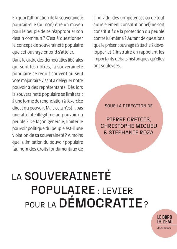 La souveraineté populaire : levier pour la démocratie ? - Roza Stéphanie, Crétois Pierre, Miqueu Christophe - BORD DE L EAU