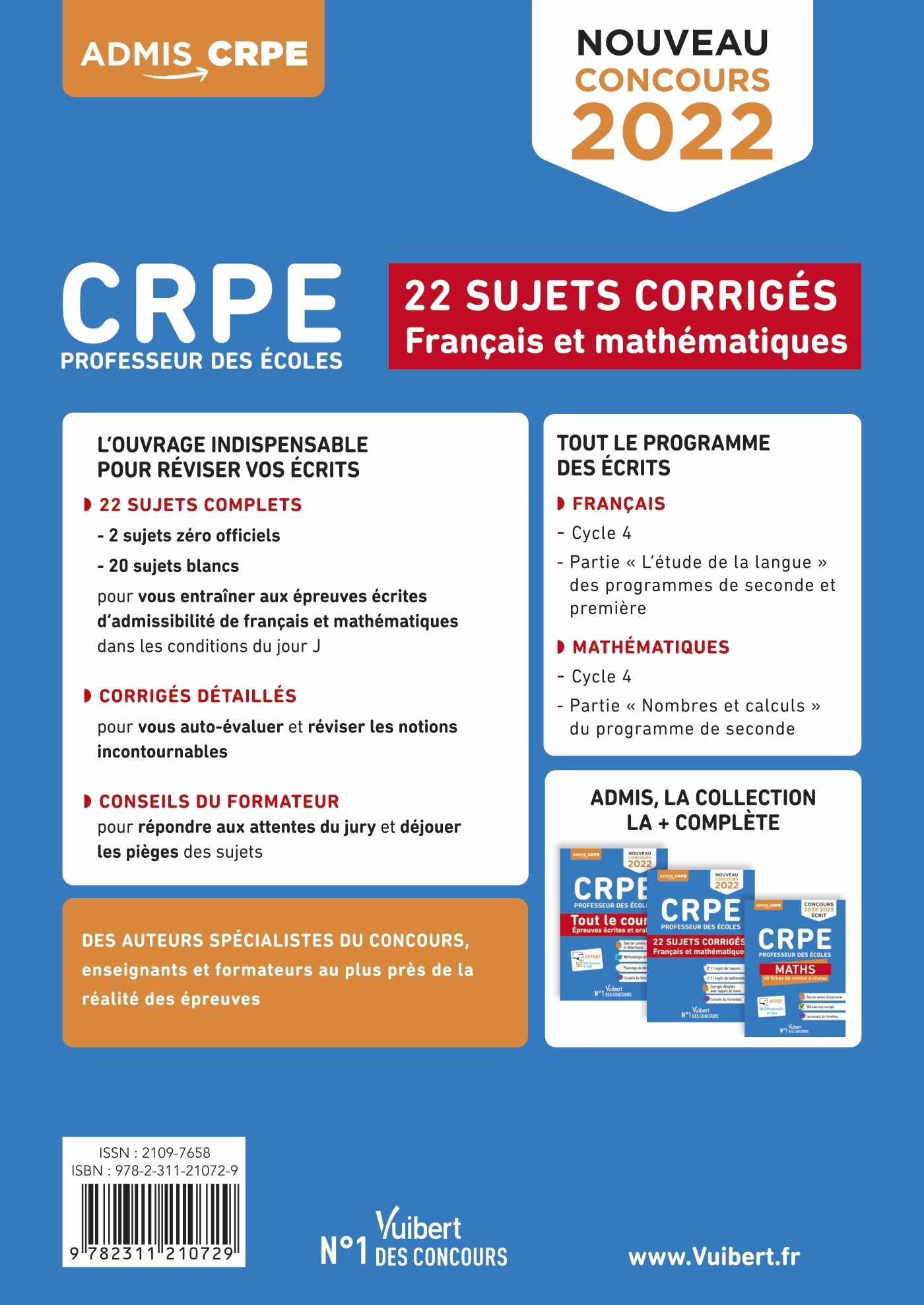 CRPE - Concours Professeur des écoles - Français et Mathématiques - 22 sujets corrigés - Entraînement intensif - Marc Loison - VUIBERT