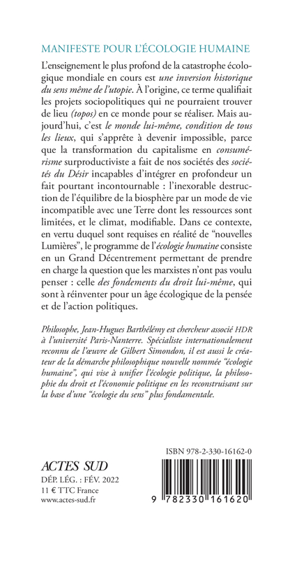 Manifeste pour l'écologie humaine - Jean-Hugues Barthélémy - ACTES SUD