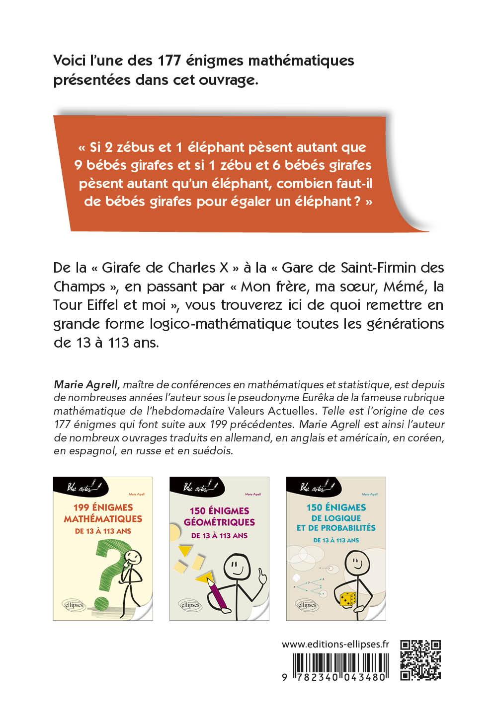 177 nouvelles énigmes mathématiques de 13 à 113 ans - Marie Agrell - ELLIPSES