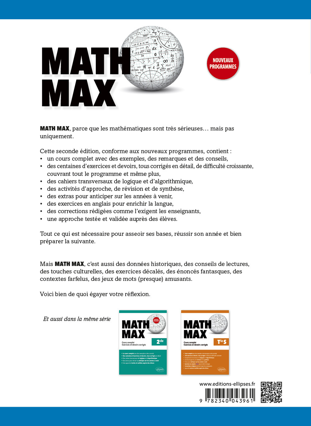 Math Max - Première enseignement de spécialité - Cours complet, exercices et devoirs corrigés - Nouveaux programmes - Sébastien Krief-Détraz - ELLIPSES