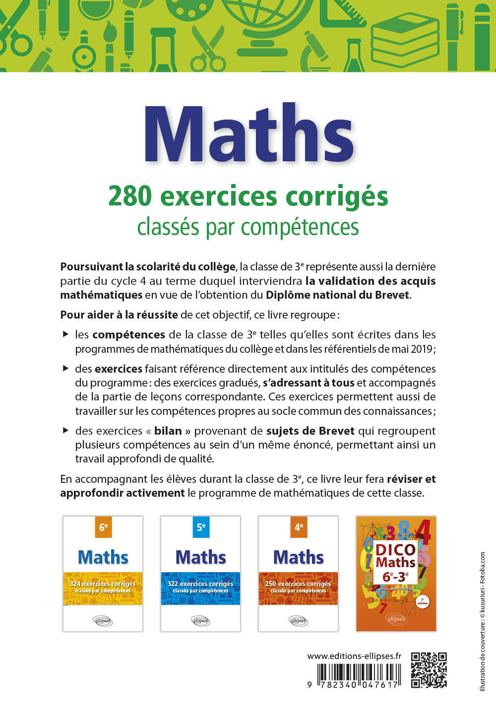 Mathématiques - 280 exercices corrigés classés par compétences avec sujets de Brevet - 3e - Christophe Poulain - ELLIPSES