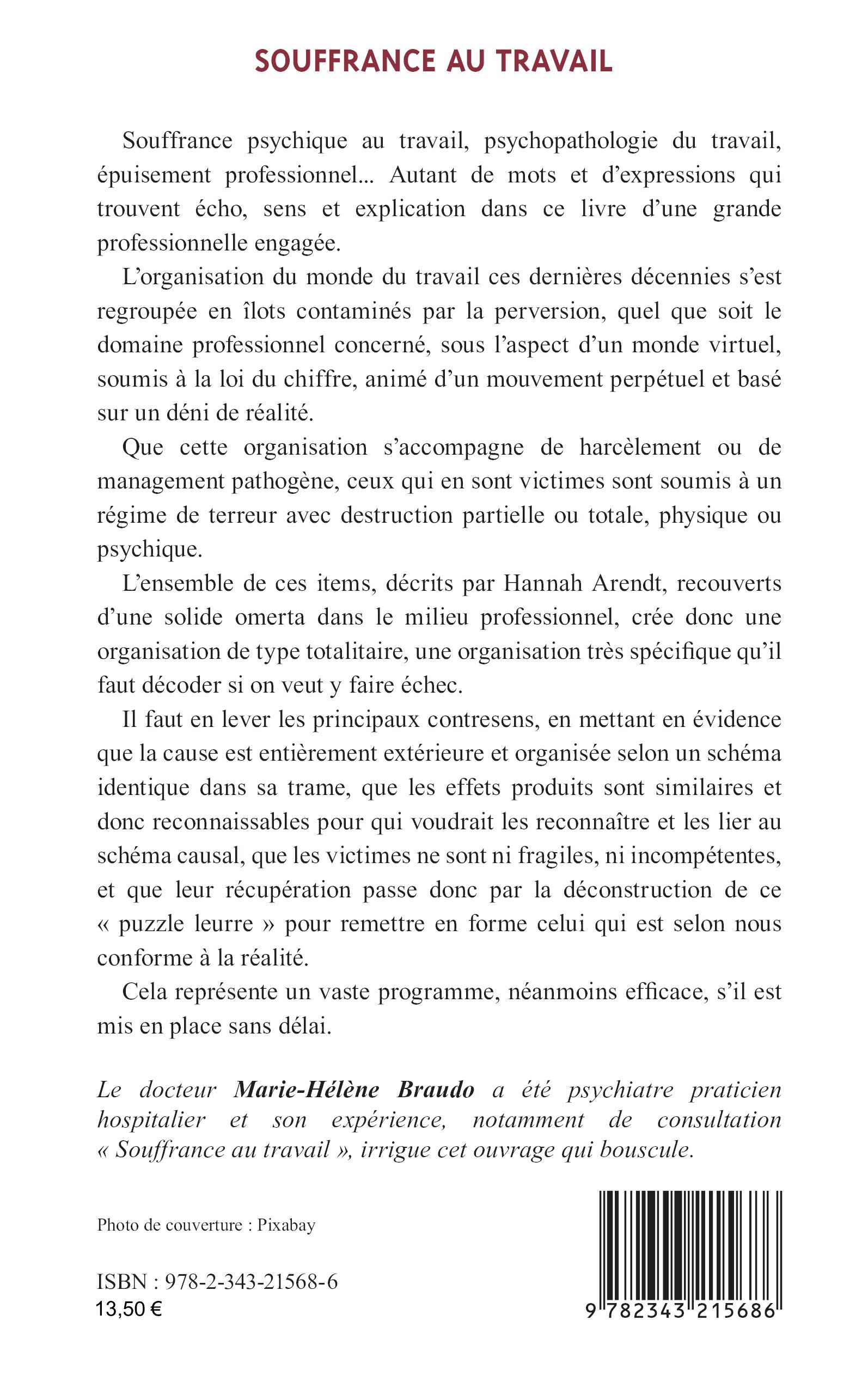 Souffrance au travail - Marie-Hélène Braudo - L'HARMATTAN