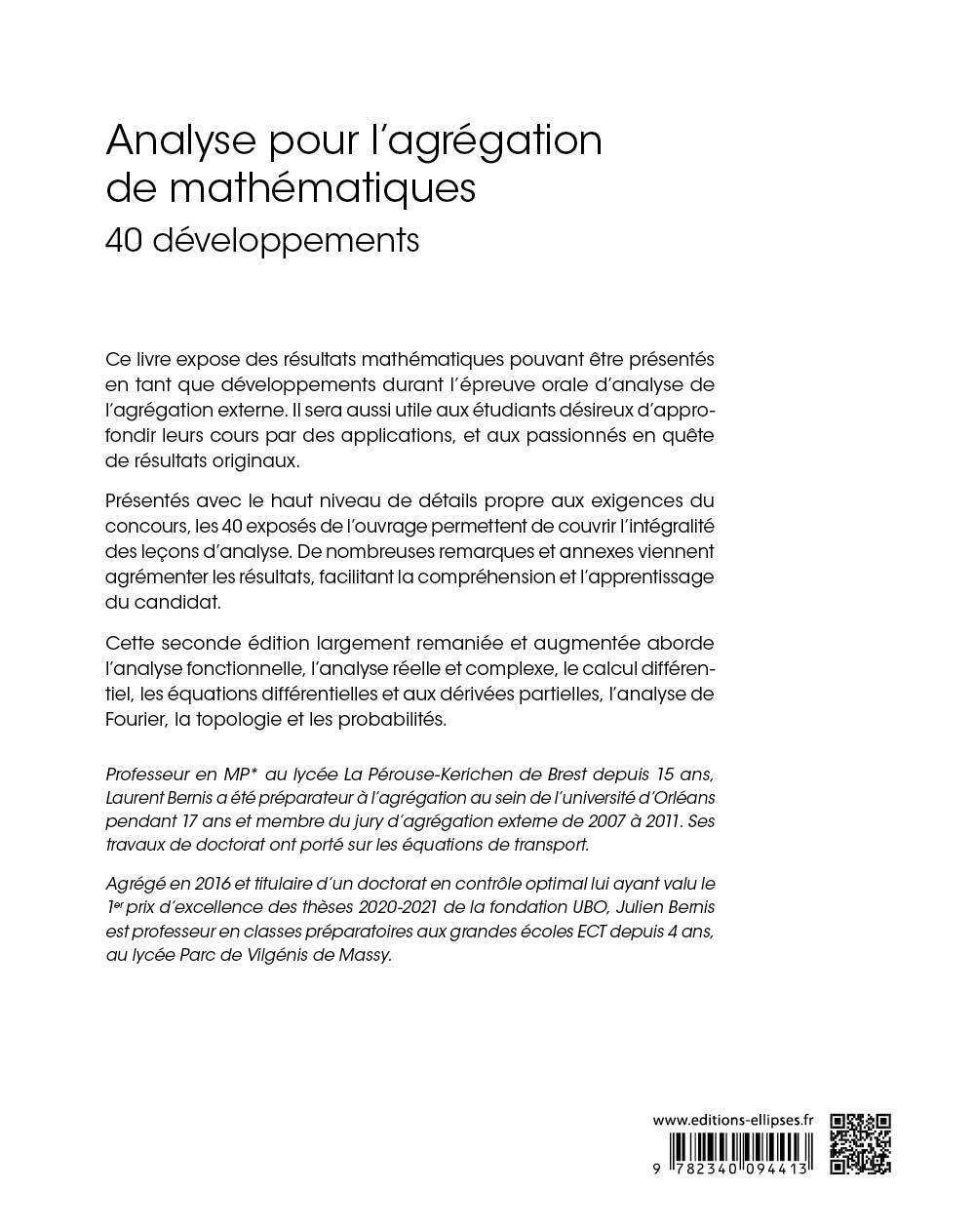 Analyse pour l’Agrégation de Mathématiques - Julien Bernis, Laurent Bernis, Paul de Laboulaye - ELLIPSES
