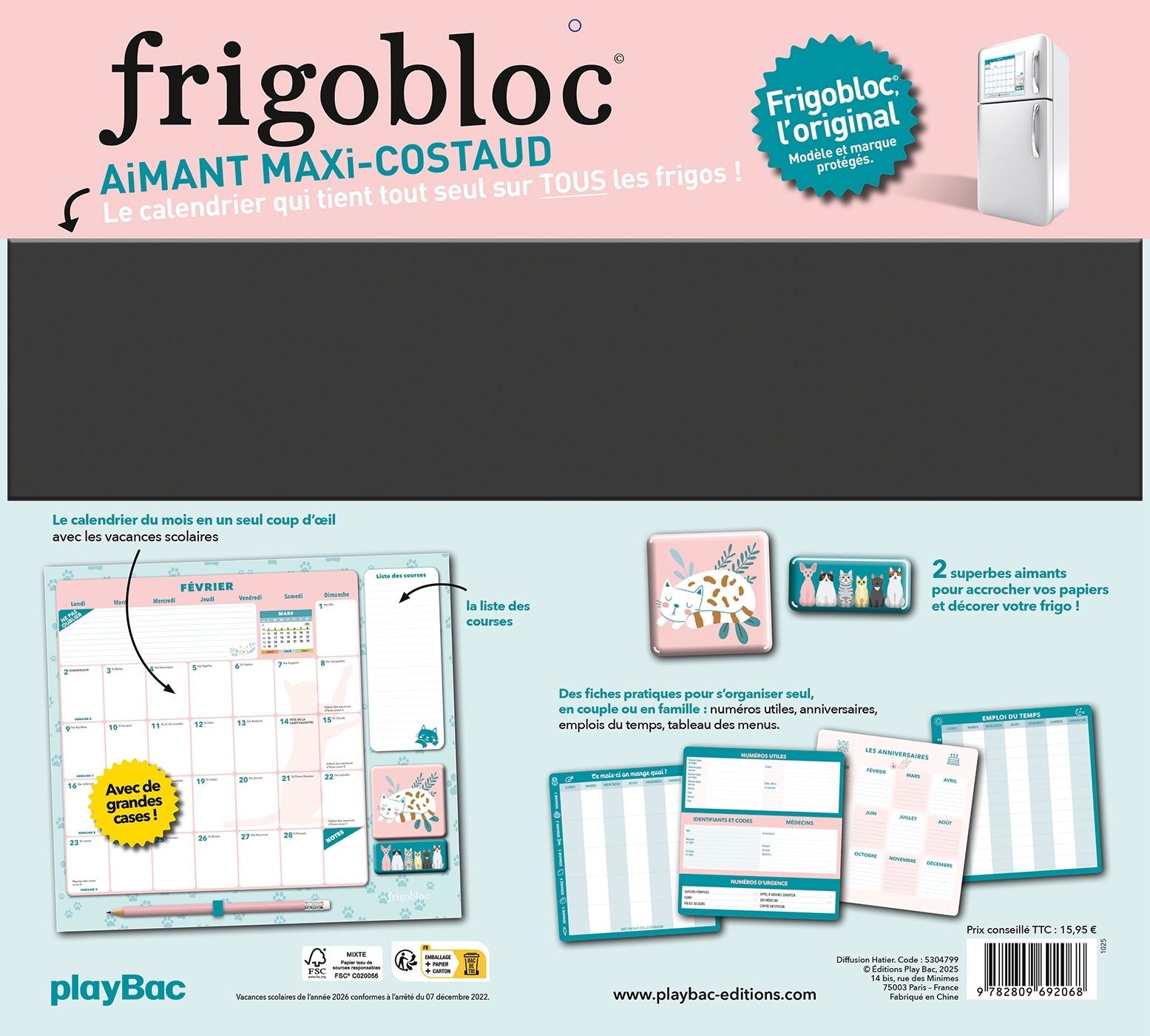 Frigobloc Mensuel 2026 Déco Chats (de janv. à déc. 2026) -   - PLAY BAC