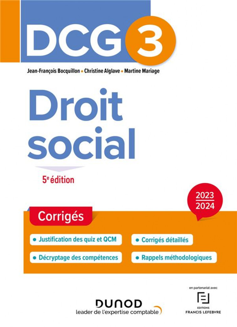 DCG 3 - DROIT SOCIAL - CORRIGES 2023-2024 - BOCQUILLON/ALGLAVE - DUNOD
