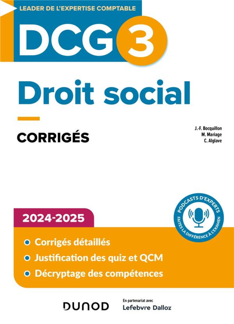 DCG 3 : DROIT SOCIAL  -  CORRIGES (EDITION 2024/2025) - BOCQUILLON/ALGLAVE - DUNOD